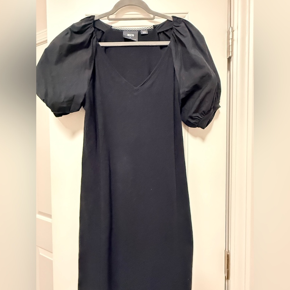 Maeve Black V-Neck Midi Dress with Puff Sleeves
